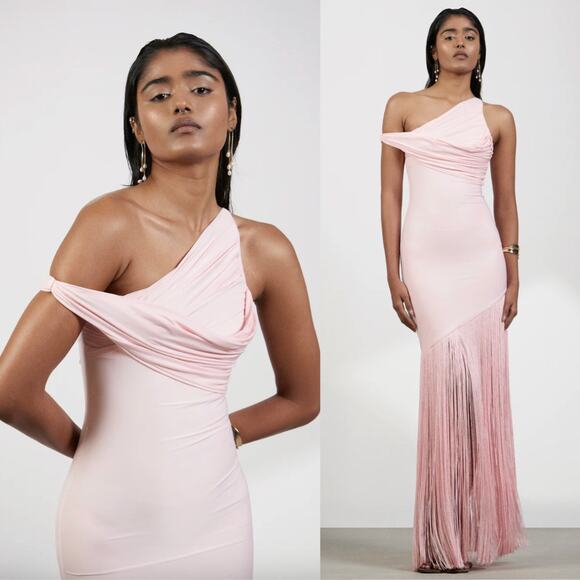 Deme by GabriellaPraia Dress in Baby Pink Fringe Hem One Shoulder Gown M